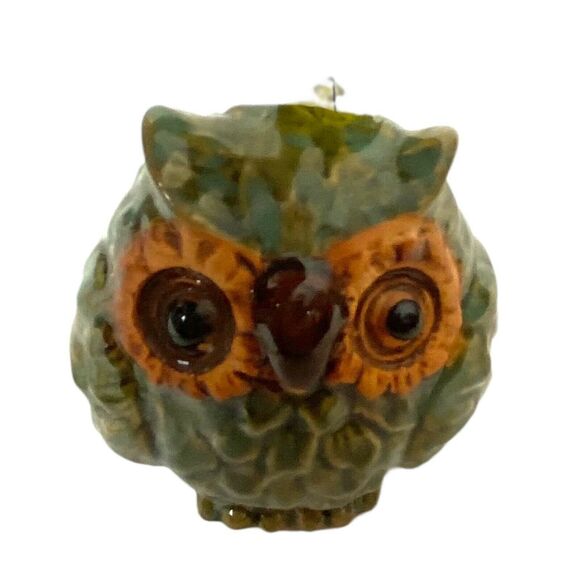 Owl Bird Small Figurine Green Ceramic Decorative Charming Little Glossy Finish - Picture 2 of 13